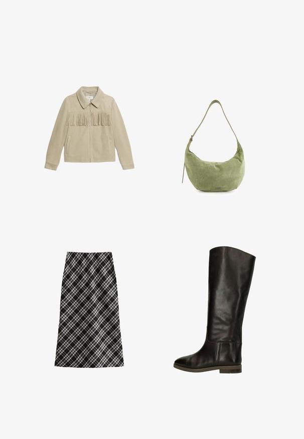 Beige suède jas met een kraag, een ritssluiting aan de voorkant, twee zijzakken en een franje-detail op de borst. Overal een gladde textuur.; Witte blouse met lange mouwen en een ronde halslijn, gemaakt van zachte stof, met minimale stikseldetails en een ontspannen pasvorm.; Zwart-witte geruite rok, half lang, A-lijn silhouet, gestructureerde stof, met kruislijnen en geometrische patronen door het geheel.; Bruine leren laarzen tot de knie met een gladde afwerking, ronde neus en een lage blokhak. Heeft een subtiele naaddetail langs de zijkant.; Groene suède hobo tas met een gebogen vorm, een verstelbare schouderband en een subtiele glans. Beschikt over een klein logo-detail aan de voorkant.