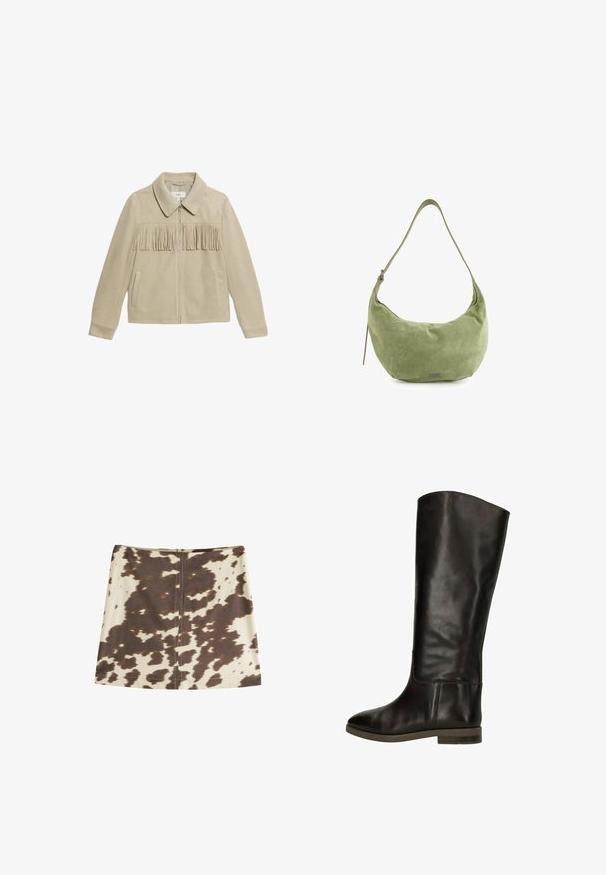Beige suède jas met een kraag, een ritssluiting aan de voorkant, twee zijzakken en een franje-detail op de borst. Overal een gladde textuur.; Witte blouse met lange mouwen en een ronde halslijn, gemaakt van zachte stof, met minimale stikseldetails en een ontspannen pasvorm.; Cowprint mini-rok in beige en bruin. Voorzien van een verborgen rits aan de achterkant, een gladde stoftextuur en een rechte, A-lijn snit.; Bruine leren laarzen tot de knie met een gladde afwerking, ronde neus en een lage blokhak. Heeft een subtiele naaddetail langs de zijkant.; Groene suède hobo tas met een gebogen vorm, een verstelbare schouderband en een subtiele glans. Beschikt over een klein logo-detail aan de voorkant.