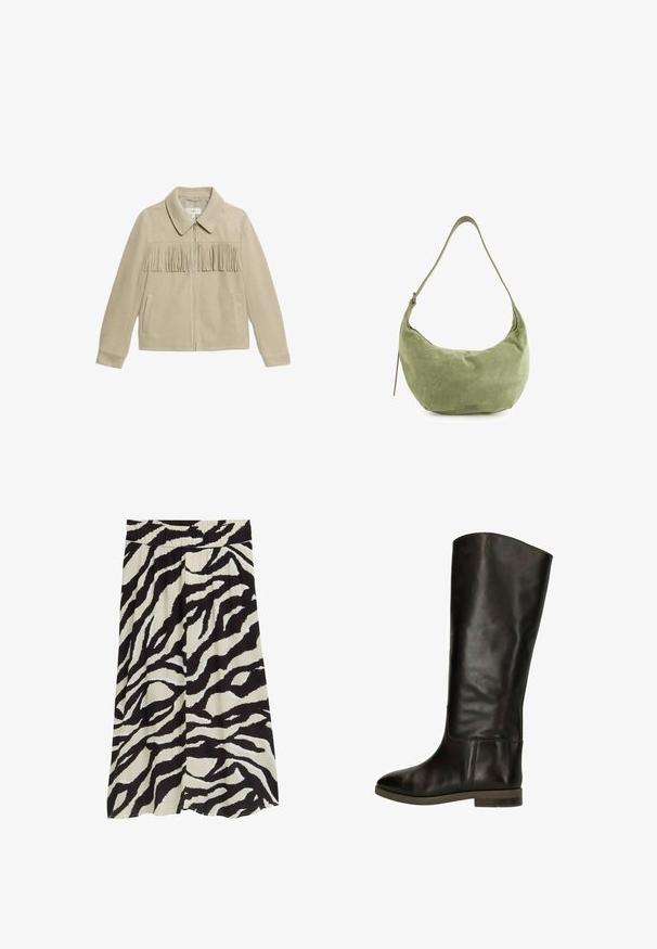 Beige suède jas met een kraag, een ritssluiting aan de voorkant, twee zijzakken en een franje-detail op de borst. Overal een gladde textuur.; Witte blouse met lange mouwen en een ronde halslijn, gemaakt van zachte stof, met minimale stikseldetails en een ontspannen pasvorm.; Zwart en crèmekleurige rok met een zebra-strepenpatroon, geplooid ontwerp, elastische tailleband en een vloeiende silhouet.; Bruine leren laarzen tot de knie met een gladde afwerking, ronde neus en een lage blokhak. Heeft een subtiele naaddetail langs de zijkant.; Groene suède hobo tas met een gebogen vorm, een verstelbare schouderband en een subtiele glans. Beschikt over een klein logo-detail aan de voorkant.