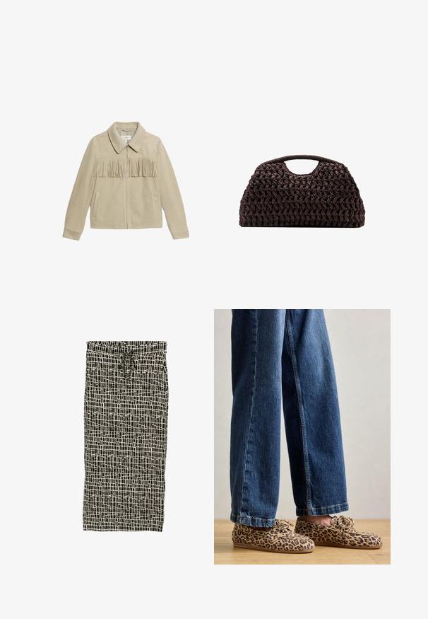 Giacca beige in suede con colletto, chiusura frontale con zip, due tasche laterali e dettagli frangianti sulla parte anteriore. Texture liscia su tutta la superficie.; Top a canotta a righe beige e nere con collo rotondo, abbinato a una gonna in pelle nera aderente con zip frontale e dettaglio della cintura.; Gonna a motivi neri e crema con vita regolabile, caratterizzata da un design a griglia e una texture morbida e liscia.; Mocassini con stampa leopardata in suede, con punta rotonda, design con lacci e suole piatte e flessibili, abbinati a jeans di denim blu.; Borsa a tracolla intrecciata marrone con silhouette arrotondata, dotata di manico superiore e superficie testurizzata. Design compatto con base piatta per maggiore stabilità.