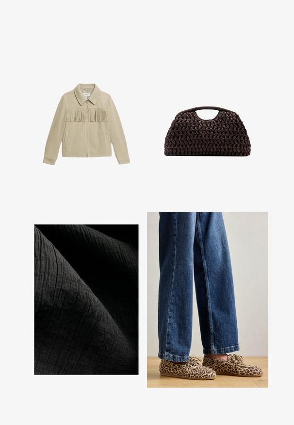 Beige Wildlederjacke mit Kragen, Frontreißverschluss, zwei Seitentaschen und einer Fransenverzierung über der Brust. Glatte Textur insgesamt.; Beige und schwarzes gestreiftes Rippen-Top mit Rundhalsausschnitt, kombiniert mit einem figurbetonten schwarzen Lederrock mit Frontreißverschluss und Gürteldetails.; Texturiertes schwarzes Gewebe mit einem subtilen gerippten Muster, leicht reflektierend, das in Falten fällt und seine Tiefe sowie taktile Qualität verstärkt.; Leopardenmuster-Loafers aus Wildleder, mit abgerundetem Zehenbereich, Schnürdesign und flachen, flexiblen Sohlen, kombiniert mit blauen Jeans.; Geflochtener brauner Handtasche mit runder Silhouette, ausgestattet mit einem oberen Griff und strukturierten Oberfläche. Kompaktes Design mit flachem Boden für Stabilität.