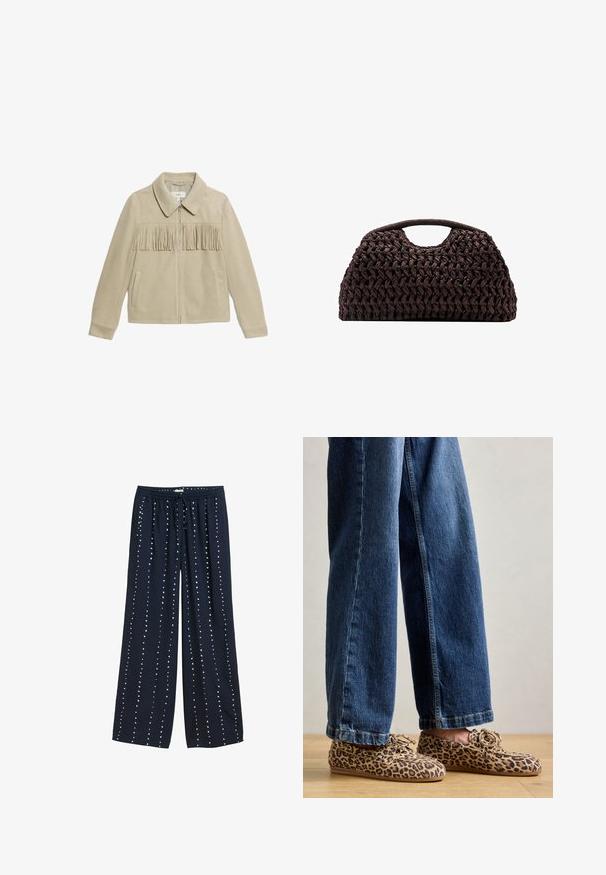 Giacca beige in suede con colletto, chiusura frontale con zip, due tasche laterali e dettagli frangianti sulla parte anteriore. Texture liscia su tutta la superficie.; Top a canotta a righe beige e nere con collo rotondo, abbinato a una gonna in pelle nera aderente con zip frontale e dettaglio della cintura.; Pantaloni a gamba larga navy con vita regolabile con coulisse, caratterizzati da una texture liscia e da un motivo a pois bianchi disposti verticalmente.; Mocassini con stampa leopardata in suede, con punta rotonda, design con lacci e suole piatte e flessibili, abbinati a jeans di denim blu.; Borsa a tracolla intrecciata marrone con silhouette arrotondata, dotata di manico superiore e superficie testurizzata. Design compatto con base piatta per maggiore stabilità.