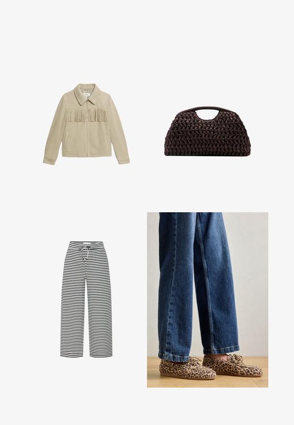 Giacca beige in suede con colletto, chiusura frontale con zip, due tasche laterali e dettagli frangianti sulla parte anteriore. Texture liscia su tutta la superficie.; Top senza maniche a coste color crema con sottili strisce nere. Presenta uno scollo rotondo e una silhouette aderente. Nessun ornamento o dettaglio metallico.; Pantaloni a vita alta a righe bianche e nere con cintura regolabile. Il tessuto sembra morbido e leggero, con righe orizzontali distribuite uniformemente.; Mocassini con stampa leopardata in suede, con punta rotonda, design con lacci e suole piatte e flessibili, abbinati a jeans di denim blu.; Borsa a tracolla intrecciata marrone con silhouette arrotondata, dotata di manico superiore e superficie testurizzata. Design compatto con base piatta per maggiore stabilità.