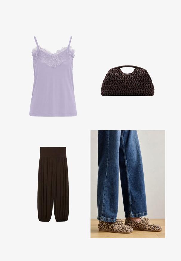 Beige suède jas met een kraag, een ritssluiting aan de voorkant, twee zijzakken en een franje-detail op de borst. Overal een gladde textuur.; Lavendel camisole met kantafwerking bij de halslijn. Voorzien van dunne bandjes en een zachte textuur. Rechte snit, zonder zichtbare patronen.; Bruine geplooide broek met een brede, elastische tailleband. De stof is lichtgewicht en gestructureerd, met gatherse randen bij de boorden.; Luipaardprint loafers van suede, met een ronde neus, vetersluiting en platte, flexibele zolen, gecombineerd met blauwe jeans.; Geweven bruin handtas met een ronde silhouet, voorzien van een bovenhandvat en een gestructureerde oppervlakte. Compact ontwerp met een platte basis voor stabiliteit.