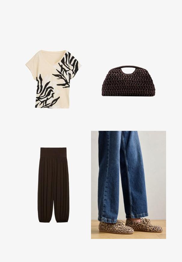 Beżowa suknia z zamszu z kołnierzem, zamkiem z przodu, dwoma kieszeniami po bokach i frędzlami na wysokości klatki piersiowej. Gładka faktura na całej powierzchni.; Bluzka z dekoltem w serek i krótkim rękawem, beżowa tkanina z czarno-białym abstrakcyjnym wzorem, luźny krój, miękka faktura, casualowy design, odważne kontrastowe akcenty.; Brązowe spodnie z plisami i szerokim, elastycznym pasem. Materiał jest lekki i teksturowany, z marszczonymi wykończeniami u dołów.; Mokasyny w panterkę wykonane z zamszu, z okrągłym noskiem, sznurowanym zapięciem i płaską, elastyczną podeszwą, w zestawieniu z niebieskimi dżinsami.; Tkany brązowy torebka o zaokrąglonym kształcie, z górnym uchwytem i teksturowaną powierzchnią. Kompaktowy design z płaskim dnem zapewniającym stabilność.