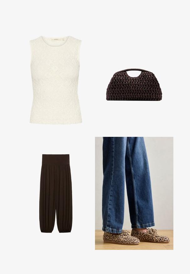 Beżowa suknia z zamszu z kołnierzem, zamkiem z przodu, dwoma kieszeniami po bokach i frędzlami na wysokości klatki piersiowej. Gładka faktura na całej powierzchni.; Bezramionkowy top z białej koronkowej tkaniny z wypukłym kwiatowym wzorem. Dopasowany krój, okrągły dekolt i gładkie krawędzie dołu.; Brązowe spodnie z plisami i szerokim, elastycznym pasem. Materiał jest lekki i teksturowany, z marszczonymi wykończeniami u dołów.; Mokasyny w panterkę wykonane z zamszu, z okrągłym noskiem, sznurowanym zapięciem i płaską, elastyczną podeszwą, w zestawieniu z niebieskimi dżinsami.; Tkany brązowy torebka o zaokrąglonym kształcie, z górnym uchwytem i teksturowaną powierzchnią. Kompaktowy design z płaskim dnem zapewniającym stabilność.