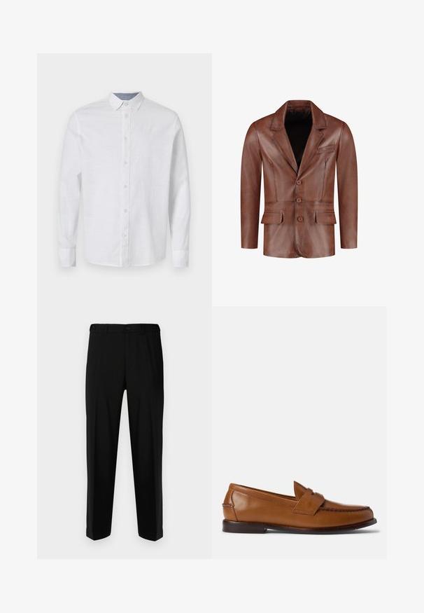 Brauner Lederblazer mit Reverskragen, drei Knöpfen, zwei Vorderständer und einer Brusttasche; glatte Textur und taillierte Form.; Schwarzer Rollkragenpullover aus weichem, geripptem Stoff. Figurbetontes Design mit langen Ärmeln und hohem Kragen. Minimalistischer Stil, keine sichtbaren Muster.; Weißes Langarmhemd aus leichtem Stoff mit Knopfleiste, Kragen und subtiler Textur. Mit einem kontrastierenden Detail am inneren Kragen.; Schwarze Hosen aus glattem Stoff, mit geradem Schnitt, zwei vorderen Taschen und einem Reißverschluss mit Knopfverschluss.; Braune Lederlackschuhe mit flacher Sohle, abgerundetem Zehenbereich und dekorativer Stickerei. Enthält eine gestickte Verzierung über die Oberseite und eine glatte Oberfläche.