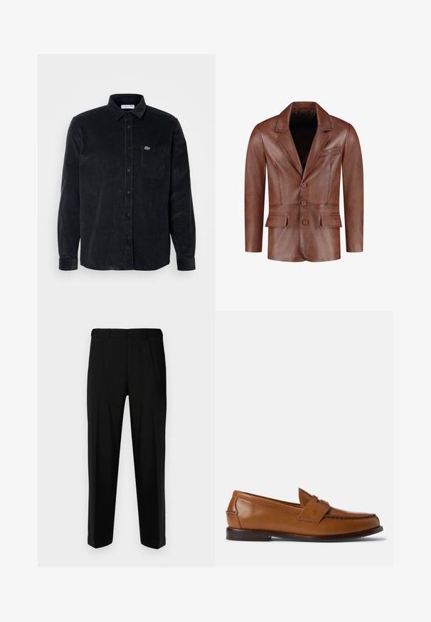 Bruine leren blazer met gesneden revers, drie knopen, twee zijzakken en een borstzak; gladde textuur en op maat gemaakt silhouet.; Zwarte coltrui gemaakt van zachte, ribbelige stof. Getailleerd ontwerp met lange mouwen en een hoge kraag. Minimalistische stijl, geen zichtbare patronen.; Zwarte corduroy overhemd met lange mouwen, knoopsluiting, puntkraag en een borstzak links met een klein groen logo.; Zwarte broek van gladde stof, met een rechte snit, twee voorzakken en een ritssluiting met knoopsluiting.; Bruine leren instappers met een platte zool, ronde neus en decoratieve stiksels. Beschikt over een gestikt detail aan de bovenkant en een gladde afwerking.