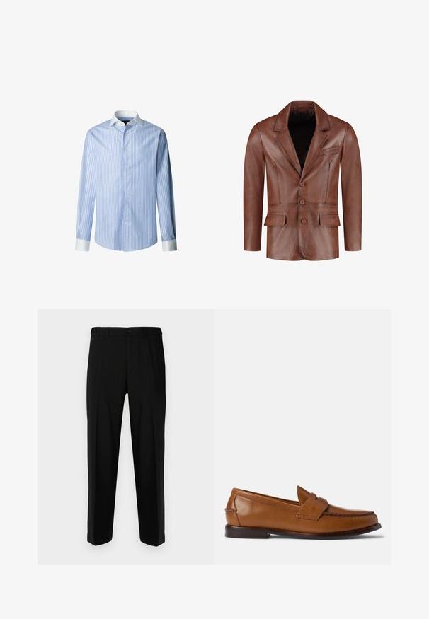 Ruskea nahkablazeri, jossa on nuolireunat, kolme nappia, kaksi etutaskua ja rintatasku; sileä rakenne ja muotoiltu malli.; Musta poolkaelusneule pehmest, ribalikust kangast. Ümber keha istuv lõige pikkade varrukatega ja kõrge kaelusega. Minimalistlik stiil, ilma nähtavate mustriteta.; Vaaleansininen raidallinen paita, jossa on valkoinen kaulus ja hihojen päät. Varustettu napitettavalla etuosalla ja pitkillä hihoilla, valmistettu kudotusta kankaasta.; Mustat housut sileästä kankaasta, suora malli, kaksi etutaskua sekä vetoketjulla ja napilla varustettu etulukitus.; Ruske nahkasaappaat litteällä pohjalla, pyöristetyllä kengänvarrella ja koristeellisella ompeleella. Sisältää ommellun yksityiskohdan päältä ja sileän pinnan.