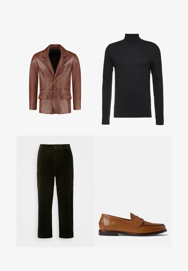 Bruine leren blazer met gesneden revers, drie knopen, twee zijzakken en een borstzak; gladde textuur en op maat gemaakt silhouet.; Zwarte coltrui gemaakt van zachte, ribbelige stof. Getailleerd ontwerp met lange mouwen en een hoge kraag. Minimalistische stijl, geen zichtbare patronen.; Donkergroene corduroy broek met een rechte snit, uitgerust met zijzakken, een knoopsluiting en een gestructureerde stof.; Bruine leren instappers met een platte zool, ronde neus en decoratieve stiksels. Beschikt over een gestikt detail aan de bovenkant en een gladde afwerking.