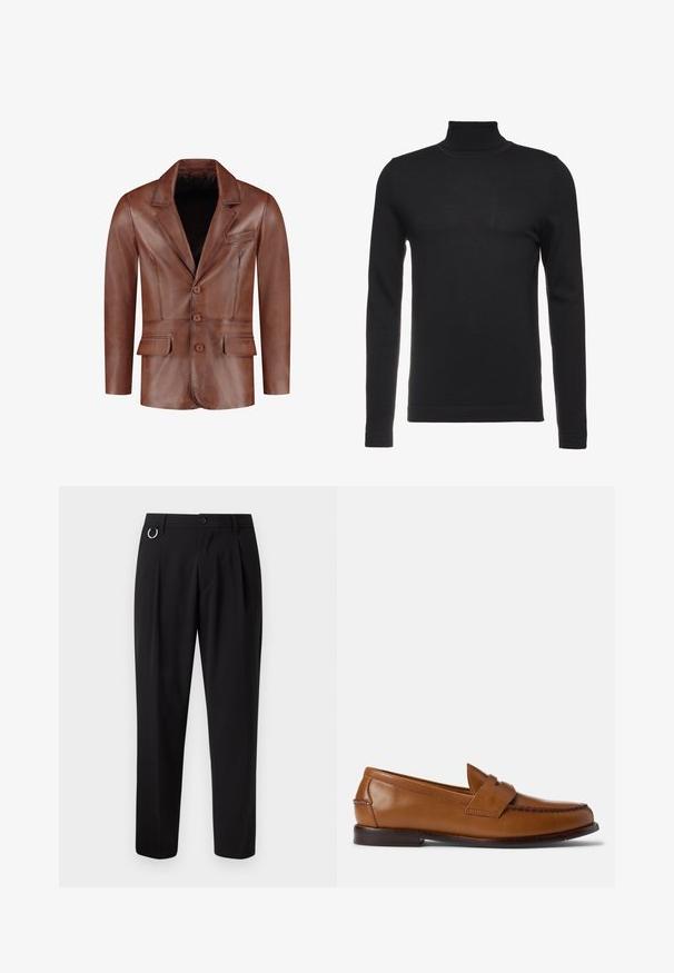 Brauner Lederblazer mit Reverskragen, drei Knöpfen, zwei Vorderständer und einer Brusttasche; glatte Textur und taillierte Form.; Schwarzer Rollkragenpullover aus weichem, geripptem Stoff. Figurbetontes Design mit langen Ärmeln und hohem Kragen. Minimalistischer Stil, keine sichtbaren Muster.; Schwarze Hose mit geradem Schnitt, gepresster Vorderseite, Gürtelschlaufen und silbernem Ringakzent. Aus glattem Stoff, ohne sichtbare Muster.; Braune Lederlackschuhe mit flacher Sohle, abgerundetem Zehenbereich und dekorativer Stickerei. Enthält eine gestickte Verzierung über die Oberseite und eine glatte Oberfläche.