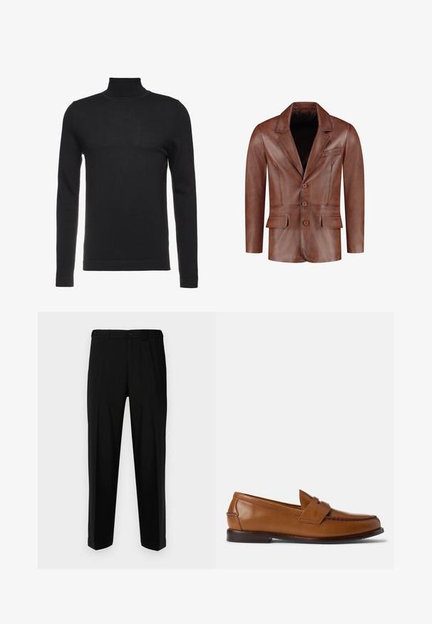 Brun læderblazer med slåede klaffer, tre knapper, to forreste lommer og en brystlomme; glat tekstur og skræddersyet form.; Sort turtleneck sweater lavet af blødt, ribbet stof. Tætsiddende design med lange ærmer og høj krave. Minimalistisk stil, ingen synlige mønstre.; Sorte bukser lavet af glat stof, med lige snit, to forlommer og lynlås med knaplukning.; Brune læder loafers med flad sål, rund tå og dekorativ syning. Har en syet detalje hen over toppen og en glat overflade.
