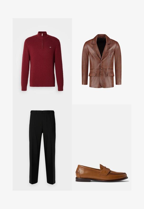 Bruine leren blazer met gesneden revers, drie knopen, twee zijzakken en een borstzak; gladde textuur en op maat gemaakt silhouet.; Rode gebreide pullover met een gestructureerd ruitpatroon, hoge kraag en kwart rits. Kenmerkt ribgebreide boorden en zoom. Inclusief kleine logo-detail.; Zwarte broek van gladde stof, met een rechte snit, twee voorzakken en een ritssluiting met knoopsluiting.; Bruine leren instappers met een platte zool, ronde neus en decoratieve stiksels. Beschikt over een gestikt detail aan de bovenkant en een gladde afwerking.