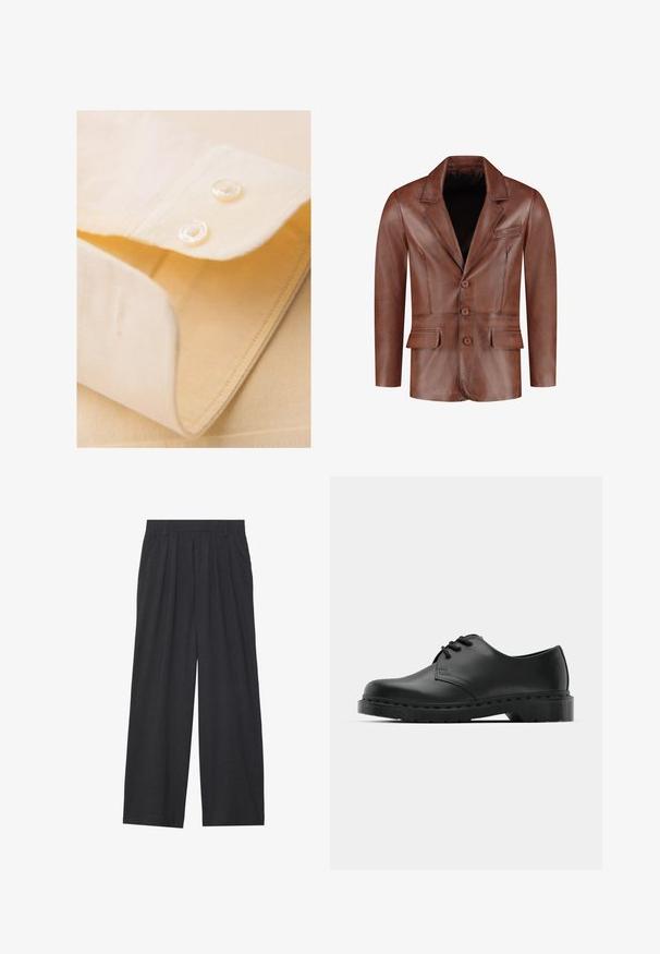 Brun læderblazer med slåede klaffer, tre knapper, to forreste lommer og en brystlomme; glat tekstur og skræddersyet form.; Lys gul skjortekrave med to hvide knapper, pænt foldet, med en glat tekstur og fine syninger.; Vidder bukser lavet af mørkegrå stof. Har folder ved taljen, et skræddersyet design og en lige silhuet.; Sorte læder oxford-sko med snørebåndsdesign, rund tå, flad gummisål og subtil syning langs overdelen.