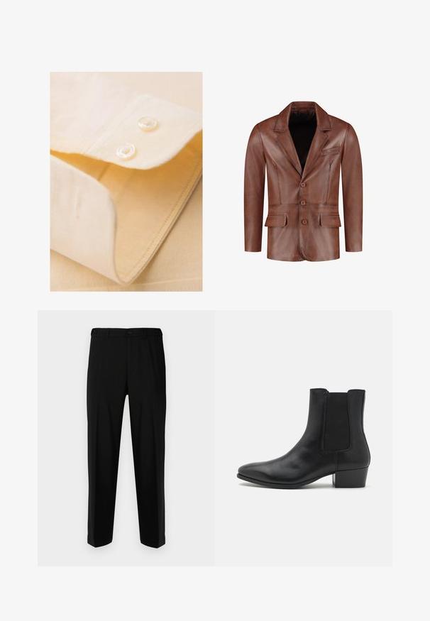 Brauner Lederblazer mit Reverskragen, drei Knöpfen, zwei Vorderständer und einer Brusttasche; glatte Textur und taillierte Form.; Helles, gelbes Hemdkragen mit zwei weißen Knöpfen, ordentlich gefaltet, mit glatter Textur und feiner Nähdetail.; Schwarze Hosen aus glattem Stoff, mit geradem Schnitt, zwei vorderen Taschen und einem Reißverschluss mit Knopfverschluss.; Zign LEATHER - Stiefelette - black