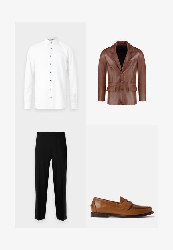 Ruskea nahkablazeri, jossa on nuolireunat, kolme nappia, kaksi etutaskua ja rintatasku; sileä rakenne ja muotoiltu malli.; Valkoinen pitkähihaiselta paita, jossa on napillinen kaulus, mustat napit ja sileä pinta. Ei näkyviä kuvioita tai grafiikkaa.; Mustat housut sileästä kankaasta, suora malli, kaksi etutaskua sekä vetoketjulla ja napilla varustettu etulukitus.; Ruske nahkasaappaat litteällä pohjalla, pyöristetyllä kengänvarrella ja koristeellisella ompeleella. Sisältää ommellun yksityiskohdan päältä ja sileän pinnan.