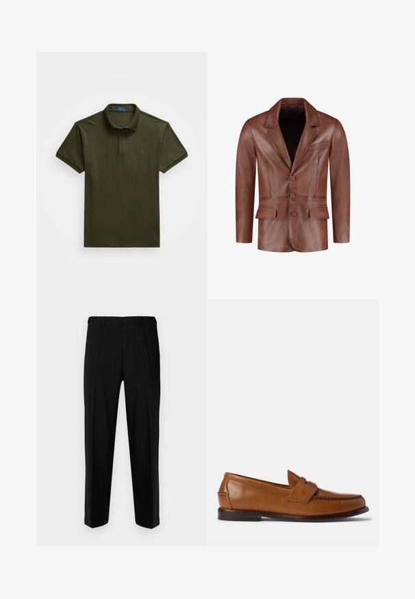 Brown leather blazer with notched lapels, three buttons, two front pockets, and a chest pocket; smooth texture and tailored shape.; Dark olive green polo shirt made of cotton, featuring a collar, short sleeves, and a small logo on the chest. Classic design.; Black trousers made of smooth fabric, featuring a straight cut, two front pockets, and a zip fly with button closure.; Brown leather loafers with a flat sole, rounded toe, and decorative stitching. Features a stitched detail across the top and a smooth finish.