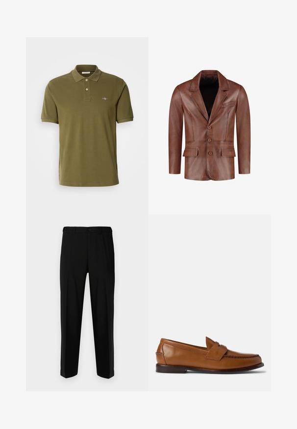 Blazer in pelle marrone con rever a punta, tre bottoni, due tasche frontali e una tasca sul petto; texture liscia e forma sartoriale.; Polo verde oliva realizzato in cotone, dotato di un colletto con tre bottoni, maniche corte e un logo ricamato sul lato sinistro del petto.; Pantaloni neri realizzati in tessuto liscio, con una vestibilità dritta, due tasche frontali e una chiusura con zip e bottone.; Mocassini in pelle marrone con suola piatta, punta rotonda e cuciture decorative. Presentano un dettaglio cucito sulla parte superiore e una finitura liscia.