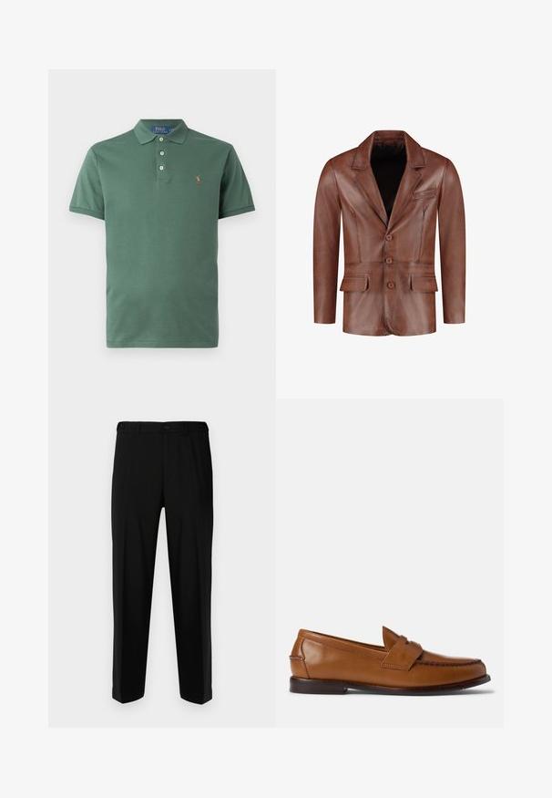 Blouson en cuir marron avec revers crantés, trois boutons, deux poches avant et une poche poitrine ; texture lisse et coupe ajustée.; Polo vert en coton avec col, patte de boutonnage à deux boutons et petit logo brodé sur la poitrine. Texture lisse.; Pantalon noir en tissu lisse, présentant une coupe droite, deux poches avant et une fermeture à glissière avec bouton.; Mocassins en cuir marron avec une semelle plate, un bout arrondi et des surpiqûres décoratives. Présentent un détail cousu sur le dessus et une finition lisse.