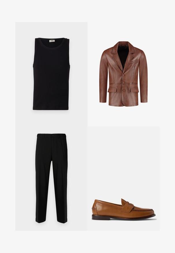 Blazer in pelle marrone con rever a punta, tre bottoni, due tasche frontali e una tasca sul petto; texture liscia e forma sartoriale.; Top nero senza maniche realizzato in soffice cotone. Presenta un collo rotondo e una silhouette dritta, con dettagli di cucitura minimi.; Pantaloni neri realizzati in tessuto liscio, con una vestibilità dritta, due tasche frontali e una chiusura con zip e bottone.; Mocassini in pelle marrone con suola piatta, punta rotonda e cuciture decorative. Presentano un dettaglio cucito sulla parte superiore e una finitura liscia.