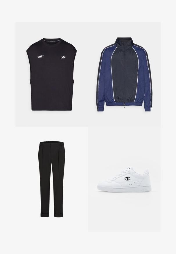Chaqueta cortavientos de marina con ribetes blancos, cuello alto, cremallera frontal y puños elásticos. Presenta una tela suave y ligera.; Camiseta sin mangas negra hecha de tejido suave, con el logotipo "CNZ" en blanco y un gráfico estilizado en la parte delantera, cuello redondo y corte relajado.; Pantalones negros con cintura elástica, con un diseño de pierna recta y dobladillos enrollados. Hechos de una tela suave y Woven sin patrones.; Zapatillas deportivas blancas con un upper sintético suave, acento del logo en negro y detalles perforados en los laterales. Suela de goma.