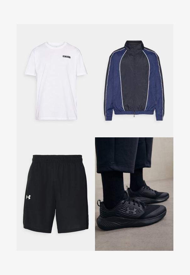 Námornícky vetrovka s bielym lemovaním, vysokým golierom, predným zipsom a elastickými manžetami. Je vyrobená z hladkej, ľahkej tkaniny.; Biela bavlnená tričko s krátkymi rukávmi, okrúhlym výstrihom a malou čierno-bielou nášivkou na ľavej strane hrudníka.; Čierne atletické šortky vyrobené z ľahkej látky, s elastickým pásom a bielym logom na ľavej strane.; Osoba v čiernych atletických teniskách s textúrovanými bokmi a logom, v doplnku s čiernymi ponožkami a skrátenými nohavicami na svetlej podlahe.