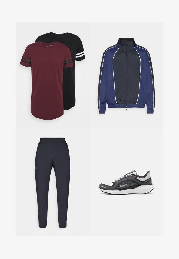 Námornícky vetrovka s bielym lemovaním, vysokým golierom, predným zipsom a elastickými manžetami. Je vyrobená z hladkej, ľahkej tkaniny.; Dvoje tričiek s okrúhlym výstrihom; jedny vínové s čiernymi prúžkami na rukávoch, druhé čierne s bielymi prúžkami. Mäkka tkanina, voľný strih, zaoblený lem.; Čierne športové nohavice s hladkým povrchom, priliehavým strihom, elastickým pásom a bočnými vreckami. Obsahujú malé logo na ľavom stehne.; Čierna a sivá športová obuv s vrchnou časťou z priedušného materiálu, reflexné akcenty a biely medzipodrážka. Obsahuje štruktúrovanú gumovú podrážku a šnúrky.