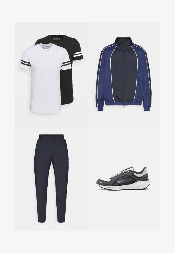 Chaqueta cortavientos de marina con ribetes blancos, cuello alto, cremallera frontal y puños elásticos. Presenta una tela suave y ligera.; Dos camisetas de cuello redondo, una blanca con rayas negras en las mangas y una negra con rayas blancas, hechas de suave tela de algodón.; Pantalones deportivos negros con una textura suave, corte ajustado, cinturilla elástica y bolsillos laterales. Presentan un pequeño logo en el muslo izquierdo.; Zapatilla deportiva negro y gris con parte superior de malla, acentos reflectantes y una entresuela blanca. Presenta una suela de goma texturizada y cordones.