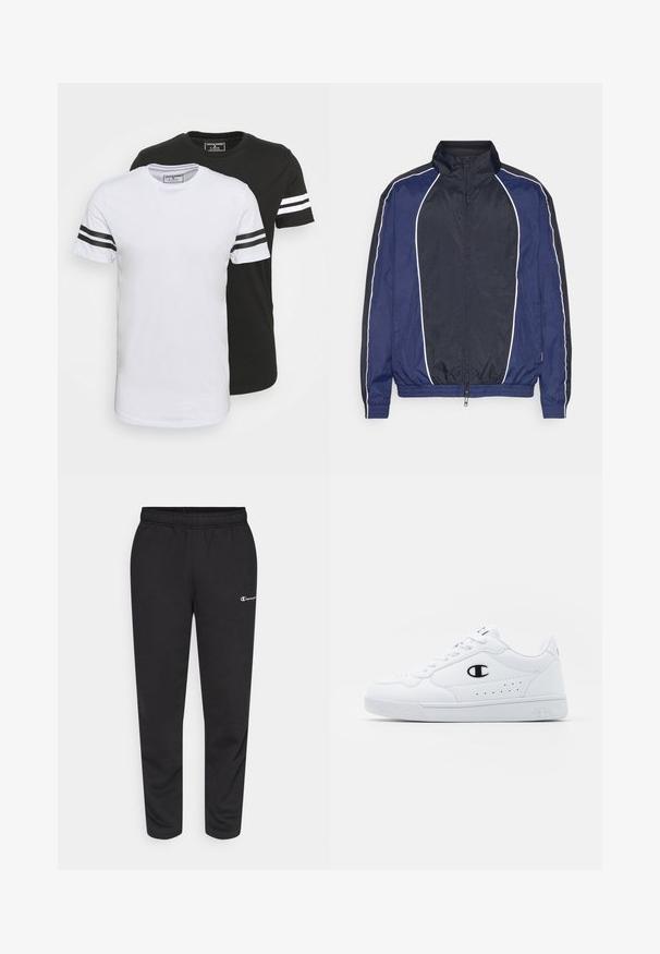 Giacca a vento navy con piping bianco, colletto alto, zip frontale e polsini elasticizzati. Presenta un tessuto leggero e liscio.; Due magliette a manica corta con collo tondo, una bianca con strisce nere sulle maniche, l'altra nera con strisce bianche, realizzate in morbido tessuto di cotone.; Pantaloni della tuta neri in misto cotone, con vita elastica e un piccolo logo bianco sul lato sinistro. Design con gamba affusolata.; Sneakers atletici bianchi con pelle sintetica liscia, accento del logo nero e dettagli perforati sul lato. Suola in gomma.