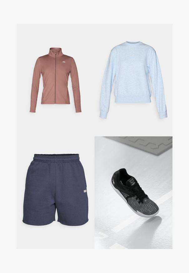 Casaco de manga longa na cor marl, com um corte slim, colarinho alto, fecho de correr completo e logótipo branco no peito. Tecido suave e liso.; Sweatshirt de tom azul claro, feito de um tecido macio. Apresenta um decote redondo, mangas compridas e um acabamento canelado na bainha, com um logótipo discreto no centro.; Calções azul marinho, com cintura elástica, feitos de um tecido suave com uma textura lisa, apresentando uma pequena etiqueta de logotipo na lateral.; Sapatilha atlética preta com um upper em malha texturizada e padrão, atacadores pretos e uma sola branca. Apresenta a marca Reebok na língua e na lateral.
