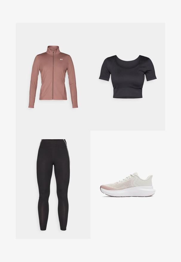 Marlová dlhá bunda s dlhým rukávom, úzky strih, vysoký golier, plný zips a bielym logom na hrudi. Mäkka, hladká tkanina.; Čierny rebrovaný krátky top s krátkymi rukávmi, širokým okrúhlym výstrihom a fitted pásom na dne. Mäkká textúra, ležérny dizajn.; Čierne legíny vyrobené z elastického materiálu s vysokým pásom. Obsahujú biele bočné pruhy a hladkú textúru po celom povrchu.; Ľahké atletické topánky s priedušným bielym sieťovaným zvrškom, gradientovými ružovými akcentmi a hrubou bielou podrážkou s textúrovanými detailmi.