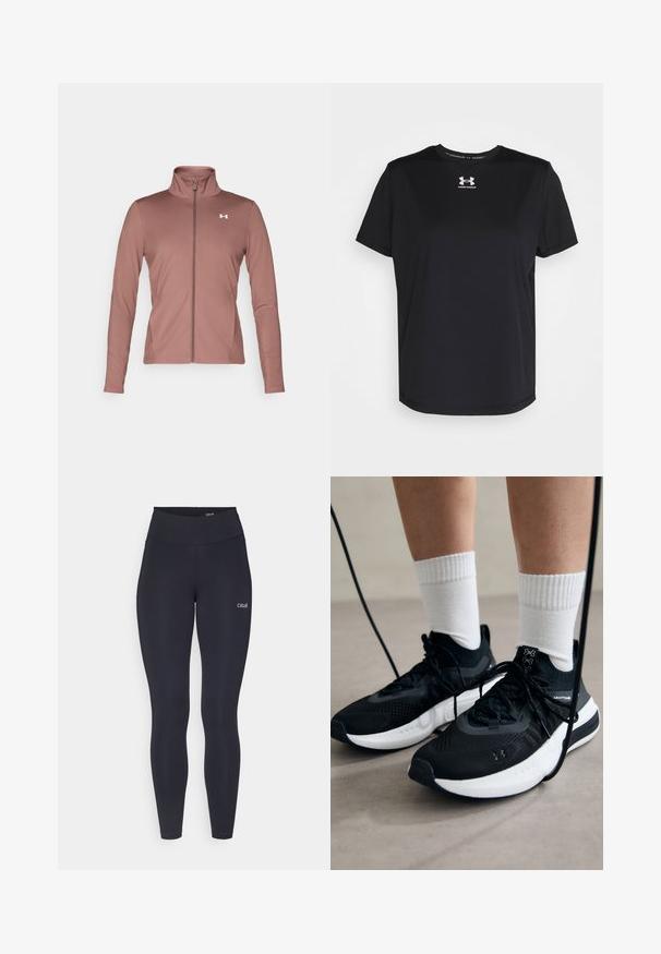 Marl-färgad långärmad jacka med slim fit, hög krage, full dragkedja och vitt logotyp på bröstet. Mjuk, slät tyg.; Svart kortärmad sportt-shirt tillverkad av slät tyg. Har en rundad halsringning och en liten vit logotyp på bröstet. Enkelt design.; Svarta leggings med hög midja, tillverkade av stretchigt material, med en liten vit logotyp på låret och en slät textur.; Svarta sportskor med texturerat tyg, vit sula och svarta snören. Bärs med vita reglerade strumpor, stående på en ljus yta.