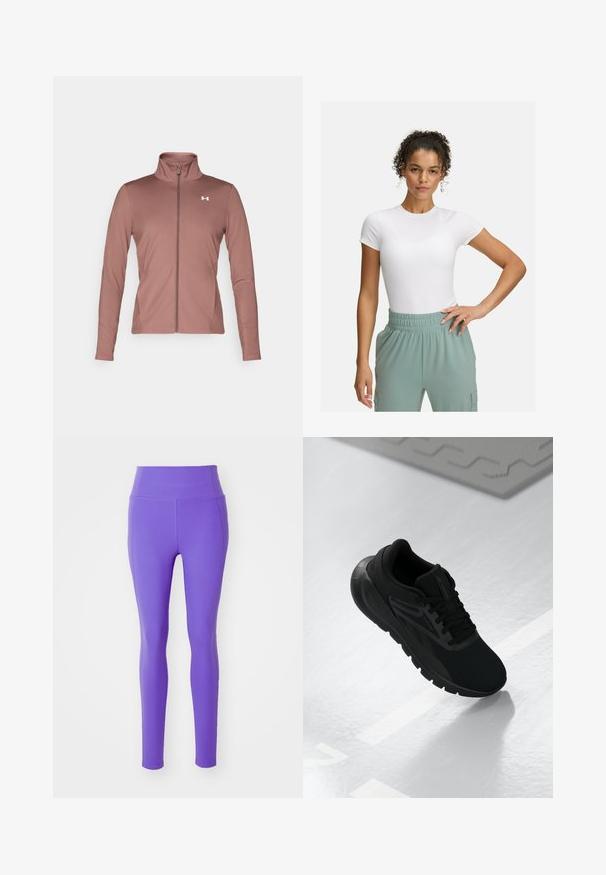 Marl-värvi pikade varrukatega jope, millel on kitsas lõige, kõrge krae, täispikk viisard ja valge logo rinnanoola. Pehme ja sile kangas.; Valge lühikeste varrukatega T-särk, millel on sobiv lõige, kombineeritud helesiniste elastsete vöökohtpükstega. Sile tekstuur, minimalistlik disain ja nähtavaid mustreid pole.; Girlfriend Collective COMPRESSIVE HIGH RISE LEGGING LONG - Retuusid - wild iris; Mustvalge spordijalats, millel on võrgusilma ülemine osa, ümmargune nina, pehme talla ja tekstuuriga aktsendid, asetatuna siledale valgele pinnale.