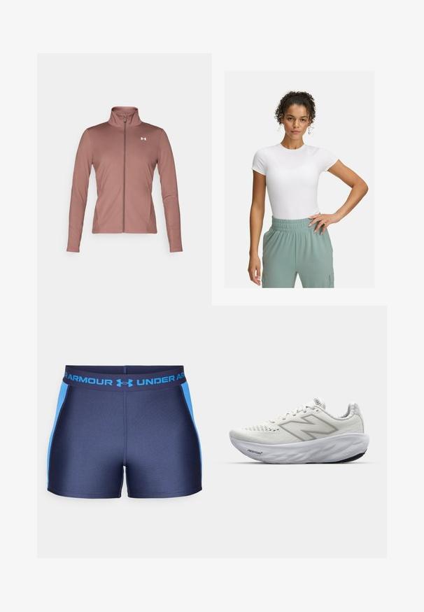 Jaka marl barve z dolgimi rokavi, slim fit kroja, visokim ovratnikom, popolnim zadrgo in belim logotipom na prsih. Mehka, gladka tkanina.; Bela prilegajoča majica s kratkimi rokavi, kombinirana z lahkimi hlačami z elastičnim pasom v svetlo zeleni barvi. Gladka tekstura, minimalistična zasnova in brez vidnih vzorcev.; Mornarško modri atletski šortki z svetlomodrimi stranskimi paneli. Imajo elastični pas z logotipom Under Armour. Gladek, raztegljiv material.; Bele atletske čevlje z mrežastim zgornjim delom, ki imajo oblazinjen ovratnik, teksturiran podplat in logo "Fresh Foam" na srednjem podplatu.