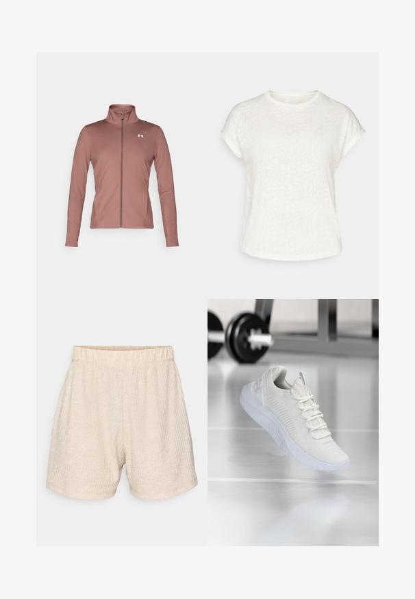 Marl-farvet langærmet jakke med slim fit, høj krave, fuld lynlås og hvidt logo på brystet. Blødt, glat stof.; Hvid kortærmet t-shirt med et struktureret blomstermønster, rund halsudskæring og afslappet pasform. Fremstillet af blødt, letvægtsstof.; Beige, teksturerede shorts med elastisk talje. Har diskrete lodrette striber og et afslappet, lige snit. Ingen lommer.; Hvide atletiske sneakers med et tekstureret mesh-overdel og snøresystem, med en polstret hvid sål og subtile ribbede detaljer.