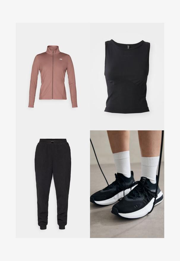 Dlouhá rukávová bunda v barvě marl s úzkým střihem, vysokým límcem, plným zipem a bílým logem na hrudi. Měkká a hladká tkanina.; Černý bezrukávový sportovní top vyrobený z hladkého materiálu, s kulatým výstřihem a přiléhavým siluetou s jemným logem.; Černé tepláky vyrobené z měkké látky, s volným střihem, elastickým pasem s nastavitelnou šňůrkou a nohavicemi na manžety.; Černé sportovní boty s texturovanou tkaninou, bílou podrážkou a černými tkaničkami. Nosené s bílými žebrovanými ponožkami, stojící na světlém povrchu.