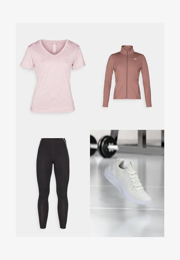 Veste à manches longues couleur marl avec une coupe ajustée, col montant, fermeture éclair intégrale et logo blanc sur la poitrine. Tissu doux et lisse.; T-shirt à col en V, à manches courtes, de couleur rose clair avec une texture chinée, en tissu doux et avec des détails de couture au niveau de l'ourlet.; Leggings noirs en matériau extensible avec une taille haute. Ils présentent des rayures blanches sur les côtés et une texture lisse tout au long.; Sneaker de sport blanche avec une tige en maille texturée et un système de laçage, dotée d'une semelle blanche rembourrée et de subtiles accents striés.