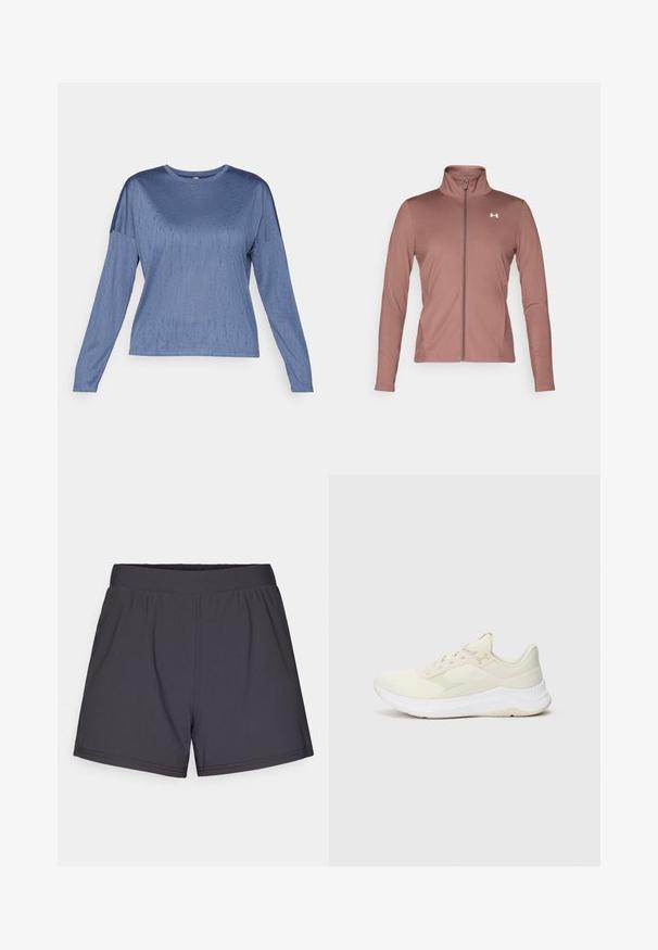 Marlfarbener Langarm-Jacke mit slim Fit, hohem Kragen, durchgehendem Reißverschluss und weißem Logo auf der Brust. Weicher, glatter Stoff.; Langärmliges blaues Oberteil mit glatter Textur, rundem Ausschnitt und leicht heruntergesetzten Schultern. Subtiles Muster sorgt für visuelles Interesse.; Schwarze sportliche Shorts aus leichtem, elastischem Material. Mit einem elastischen Bund und einem schlichten, unauffälligen Design.; Helle Sportchuhe aus Mesh und synthetischen Materialien, mit einer strukturierten Oberfläche, gepolsterten Sohle und dezentem Branding.