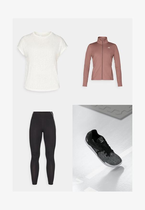 Marl-färgad långärmad jacka med slim fit, hög krage, full dragkedja och vitt logotyp på bröstet. Mjuk, slät tyg.; Vit kortärmad t-shirt med ett texturerat blommönster, rund halsringning och avslappnad passform. Tillverkad av mjukt, lättviktigt tyg.; Svarta leggings i elastiskt material med hög midja. Har vita sidostreifen och en slät yta genom hela plagget.; Svart atletisk sko med ett strukturerat, mönstrat mesh-överdrag, svarta snören och en vit sula. Har Reebok-logotypen på tungan och sidan.