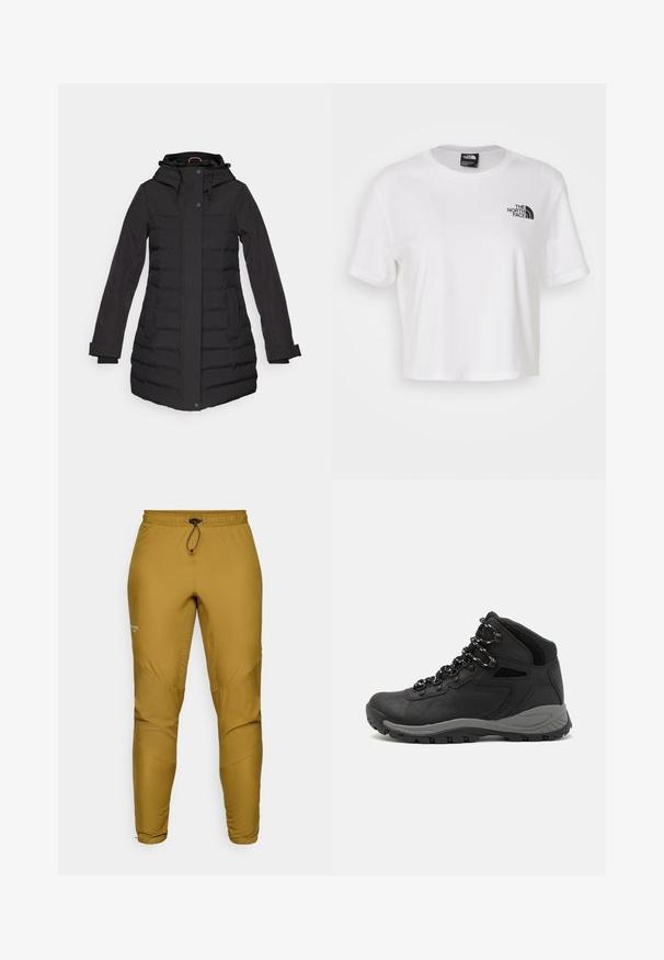 Mustmustama must coat kapuutsiga, lukuga ja nööbiga kinnitamine, küljetaskud, soonikdetailid ja pikad varrukad, mõeldud soojuse säilitamiseks.; Valge lühikeste varrukatega puuvillane lühikesed t-särk, ümmarguse kaelusega. Vasakul rinnal on must logo.; Kerged, sinepukarva püksid sünteetilisest kangast, millel on elastne vöökoht ja pael, ning kitsenevad jalad paneelide detailidega.; Mustarjaline matkasaabas, millel on keskmine disain, tekstuuriga ülemine osa, hallid aktsendid ja vastupidav kummist põhi, millel on haardelugesid.