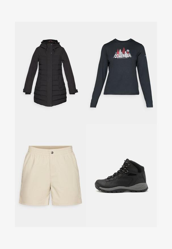 Sort vinterjakke med hætte, lynlås- og knaplukning, sidelommer, ribbede detaljer og lange ærmer, designet til varme.; Langærmet mørkegrå skjorte med grafik af røde træer og bjerge; "COLUMBIA" logo i fed hvid tekst. Blødt stof, standard rund hals.; Beige shorts lavet af letvægtsstof, med elastisk talje, frontlommer og en enkelt trykknap lukning, med en glat tekstur.; Sort vandrestøvle med en mellem-højde design, der har en tekstureret overdel, grå detaljer og en holdbar gummisål med skridsikre klodser.