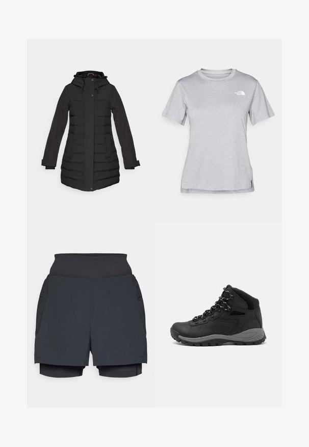 Crna jakna od puffer materijala s kapuljačom, zatvaranjem na zip i dugme, bočnim džepovima, rebrastim detaljima i dugim rukavima, osmišljena za toplinu.; Siva kratka majica s kratkim rukavima izrađena od mekog, tkanog materijala koji upija vlagu. Ima okruglu izrez i mali bijeli logo na gornjem lijevom dijelu.; Crne atletske kratke hlače s širokim pojasom, s više slojevitim dizajnom i unutarnjim hlačama. Glatka tekstura i lagana tkanina.; Crne planinarske čizme s dizajnom srednjeg vrha, sa teksturiranim gornjim dijelom, sivim akcentima i izdržljivom gumom potplatom s uzorkom za prianjanje.