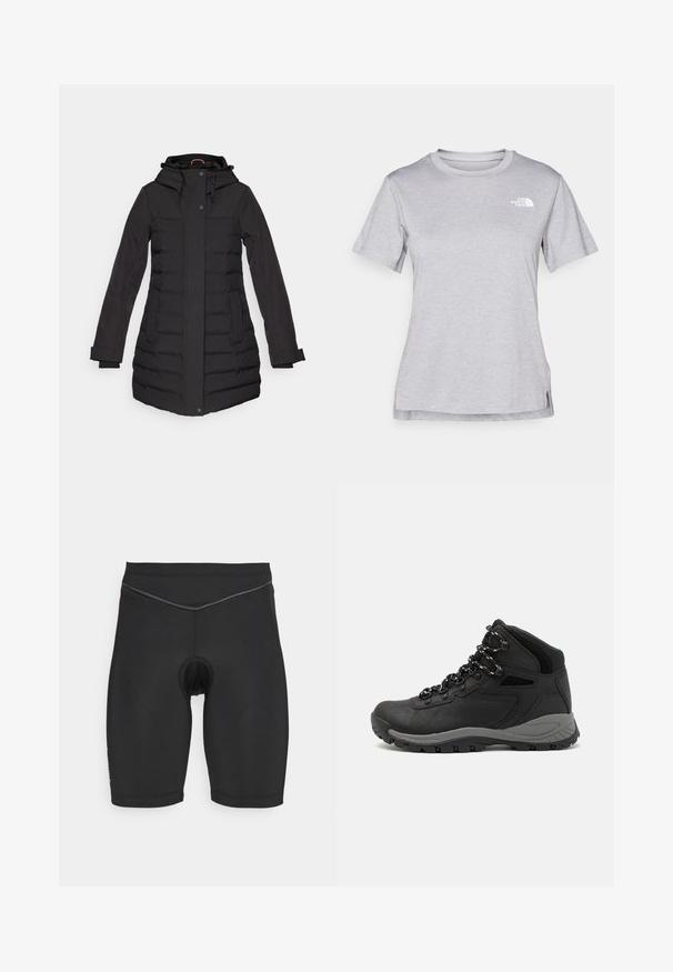 Musta toppatakki hupulla, vetoketju- ja nappisuljenta, sivutaskut, röyhelökoristeet ja pitkät hihat, suunniteltu lämmittämään.; Harmaa lyhythihainen t-paita, joka on valmistettu pehmeästä, kosteutta siirtävästä kankaasta. Siinä on pyöreä kaula-aukko ja pieni valkoinen logo vasemmassa yläkulmassa.; Mustat pyöräilyshortsit joustavasta kankaasta, joissa on pehmustettu sisus, vartalonmyötäinen muotoilu ja kontrastivärinen ommel vyötärölinjassa.; Musta vaelluskenkä, jossa on puolivartinen muotoilu, jolle on ominaista teksturoitu päällinen, harmaat yksityiskohdat ja kestävä kumipohja, jossa on pitoita lisääviä lukuja.