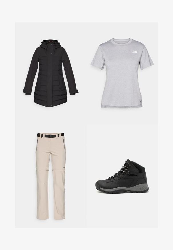 Černý péřový kabát s kapucí, zapínáním na zip a knoflíky, postranními kapsami, žebrovanými detaily a dlouhými rukávy, navržený pro teplo.; Šedé tričko s krátkým rukávem vyrobené z měkké, vlhkosti odvádějící tkaniny. Obsahuje kulatý výstřih a malé bílé logo na levém horním rukávu.; Béžové venkovní kalhoty vyrobené z lehkého materiálu, s odnímatelným designem nohavic, nastavitelným pásem a dvěma zipovými kapsami po stranách.; Černé turistické boty s mírně vyšším střihem, které mají texturovaný svršek, šedé detaily a odolnou gumovou podrážku s trakčními výstupky.