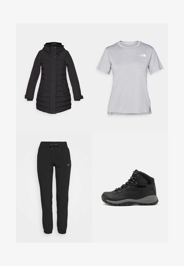 Black puffer coat with a hood, zip and button closure, side pockets, ribbed accents, and long sleeves, designed for warmth.; Grey short-sleeve t-shirt made of soft, moisture-wicking fabric. Features a crew neck and a small white logo on the upper left.; Black jogger pants with an elastic waistband and drawstring, featuring tapered legs and elastic cuffs. Made from smooth, lightweight fabric.; Black hiking boot with a mid-top design, featuring a textured upper, gray accents, and durable rubber sole with traction lugs.