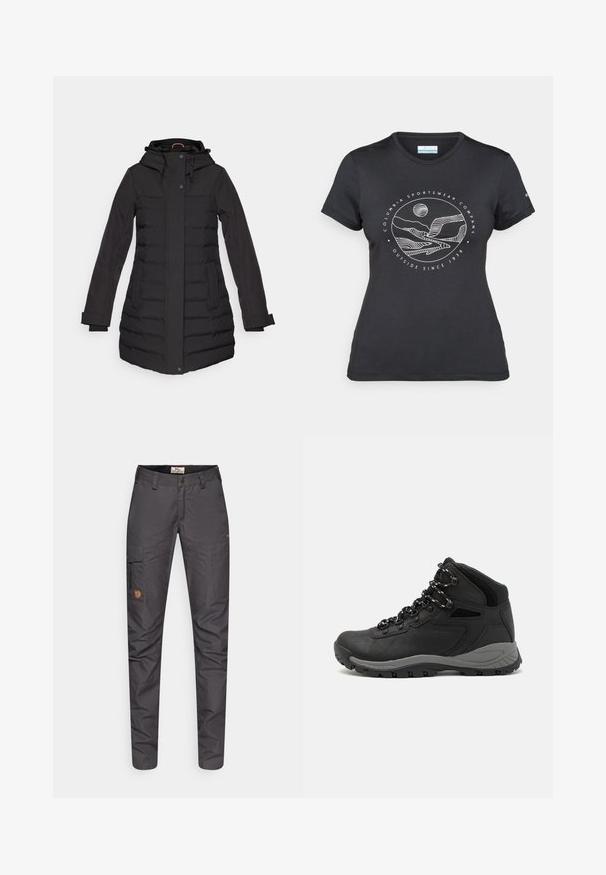 Musta toppatakki hupulla, vetoketju- ja nappisuljenta, sivutaskut, röyhelökoristeet ja pitkät hihat, suunniteltu lämmittämään.; Musta Columbia T-paita, jossa on valkoinen ympyrämuotoinen vuori- ja joki-viivataide sekä teksti "Columbia Sportswear Company Ulkona vuodesta 1938."; Harmaat, kevyet cargo-housut, joissa on istuva malli, sivutasku, vahvistetut polvet ja nahkainen logoplässi.; Musta vaelluskenkä, jossa on puolivartinen muotoilu, jolle on ominaista teksturoitu päällinen, harmaat yksityiskohdat ja kestävä kumipohja, jossa on pitoita lisääviä lukuja.