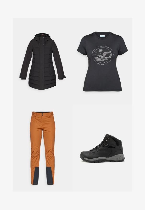 Musta toppatakki hupulla, vetoketju- ja nappisuljenta, sivutaskut, röyhelökoristeet ja pitkät hihat, suunniteltu lämmittämään.; Musta Columbia T-paita, jossa on valkoinen ympyrämuotoinen vuori- ja joki-viivataide sekä teksti "Columbia Sportswear Company Ulkona vuodesta 1938."; Oranssit ulkopantat, joissa on suora leikkaus, tumma sininen yksityiskohta alahengissä, kaksi etutaskua vetoketjulla ja napitus.; Musta vaelluskenkä, jossa on puolivartinen muotoilu, jolle on ominaista teksturoitu päällinen, harmaat yksityiskohdat ja kestävä kumipohja, jossa on pitoita lisääviä lukuja.