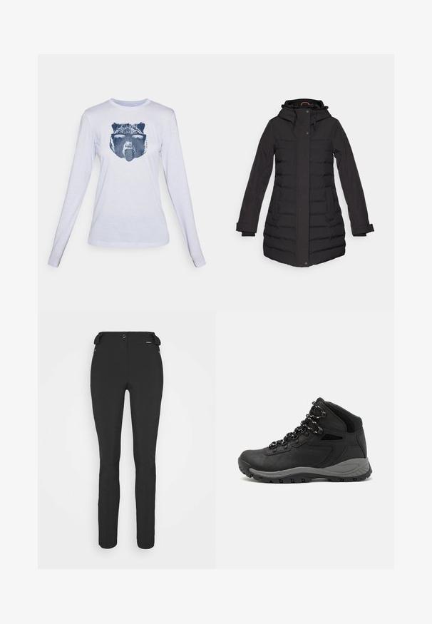 Juodas pūkinis švarkas su gobtuvu, užtrauktuku ir segtuku, šoninėmis kišenėmis, raukiniais ir ilgomis rankovėmis, sukurtas šilumai.; Ilga rankovė balta marškinė, pagaminta iš minkštos medžiagos, su maritime lokio grafika priekyje. Apvalus iškirpimas ir standartinis siluetas.; Juodos, prigludusios kelnės, pagamintos iš lankstaus medžiagos. Ypatybės: šoninis kišenės užtrauktuku, suformuotos kelių sritys ir lygi tekstūra.; Juodas žygio botas su vidutinio aukščio dizainu, pasižymintis tekstūruota viršutine dalimi, pilkų akcentų ir patvaria guma padanga su sukibimo gumbais.
