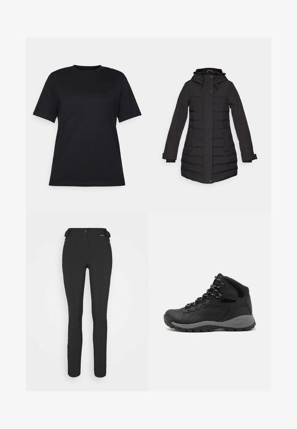 Sort vinterjakke med hætte, lynlås- og knaplukning, sidelommer, ribbede detaljer og lange ærmer, designet til varme.; Sort kortærmet t-shirt lavet af glat bomuldsstof, med rund halsudskæring og subtilt præget logo detalje på venstre side.; Sorte, tætsiddende bukser lavet af et fleksibelt materiale. Funktioner inkluderer en lynlåslomme i siden, artikulerede knæ og en glat tekstur.; Sort vandrestøvle med en mellem-højde design, der har en tekstureret overdel, grå detaljer og en holdbar gummisål med skridsikre klodser.