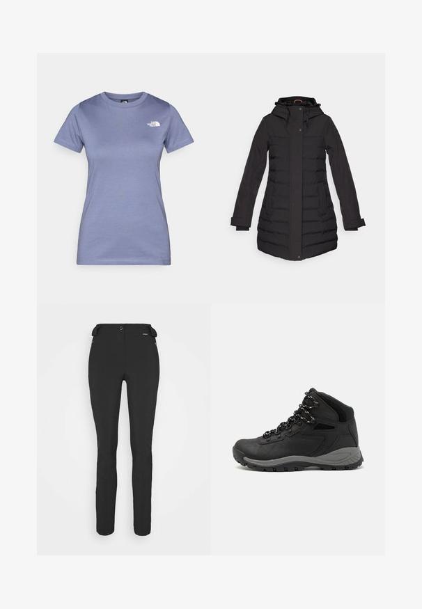 Black puffer coat with a hood, zip and button closure, side pockets, ribbed accents, and long sleeves, designed for warmth.; Light purple short-sleeve t-shirt made of cotton, featuring a round neckline and a small white logo on the chest. Smooth texture.; Black, fitted pants made from a flexible material. Features include a zippered side pocket, articulated knees, and a smooth texture.; Black hiking boot with a mid-top design, featuring a textured upper, gray accents, and durable rubber sole with traction lugs.